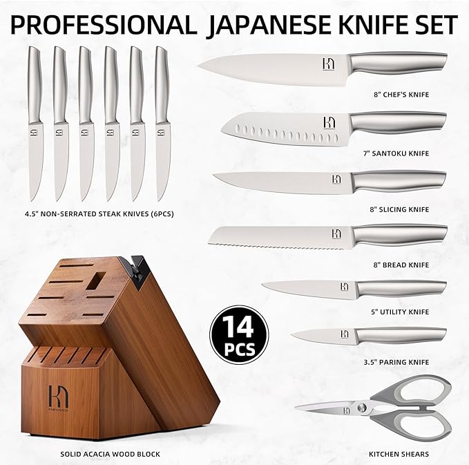 KnifeSaga Kitchen Knife Set 14 Piece Premium Japanese High Carbon Stainless Steel Knife Block Sets with Built-in Sharpener, Razor Sharp Knives Set for Kitchen, Quality Acacia Wood Block Knife Set - Image 6