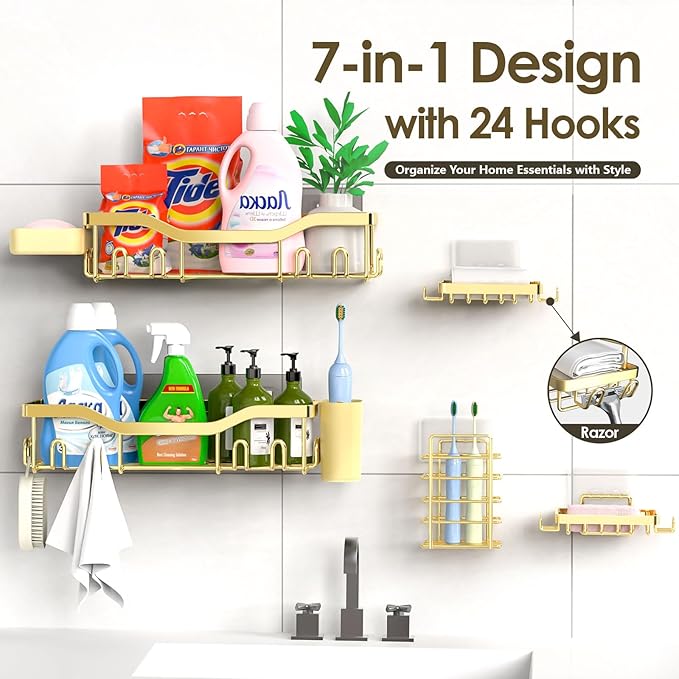NESOMI Shower Caddy Adhesive Shower Organizer 7-Pack, Rustproof Stainless Steel Bathroom Shelves, Large Capacity No-Drill Rack Storage Accessories with Soap Dish Toothbrush Holder Hooks - Image 7
