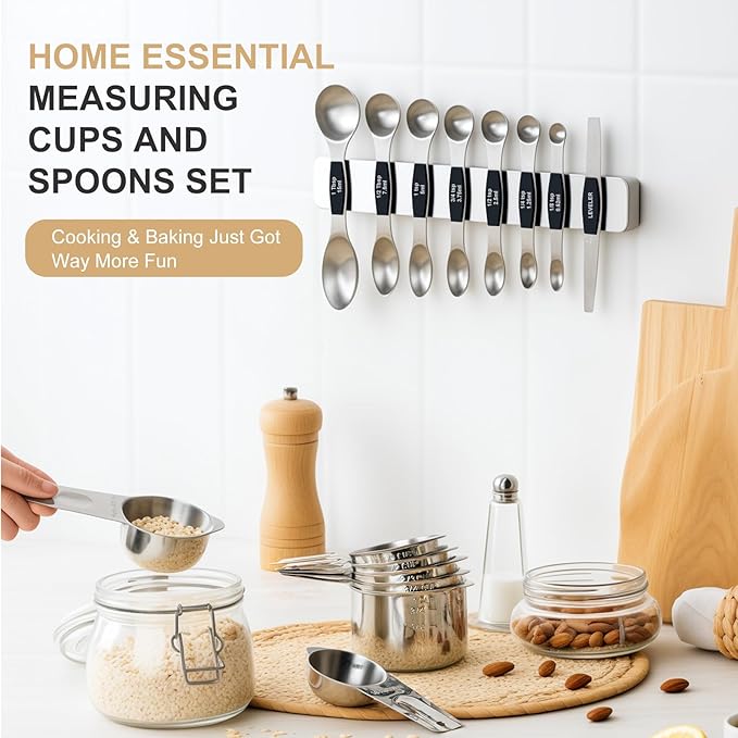 Stainless Steel Measuring Cups & Spoons Set, EWFEN Kitchen Tools Nesting Measuring Cups and Spoons, Fits in Spice Jars for Baking & Cooking, BPA Free, Set of 15 with Leveler, Black - Image 4
