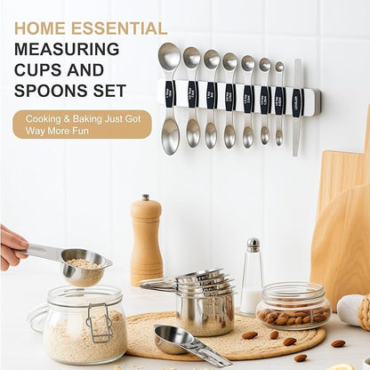 Stainless Steel Measuring Cups & Spoons Set, EWFEN Kitchen Tools Nesting Measuring Cups and Spoons, Fits in Spice Jars for Baking & Cooking, BPA Free, Set of 15 with Leveler, Black - Image 4