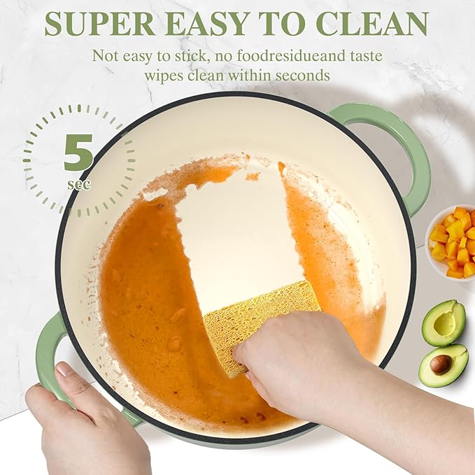 Umite Chef Enameled Cast Iron Dutch Oven-7QT Pot with Lid Cookbook & Cotton, Heavy-Duty Cookware for for Bread Baking, Braising, Stews, Marinate, Cook(Sage Green) - Image 5