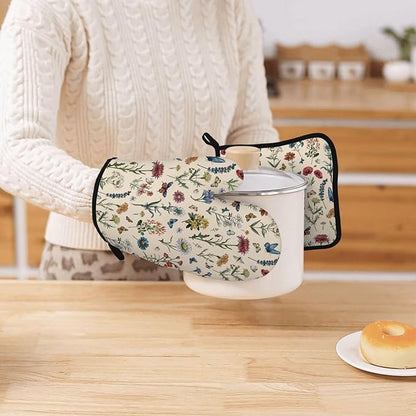 Vintage Floral Oven Mitts and Pot Holders 3Pcs, Retro Floral Silicone Oven Mitts Birthday for Flower Lover, Cute Botanic Wild Flowers Heat Resistant Non-Slip Oven Gloves for Mom Wife Sister