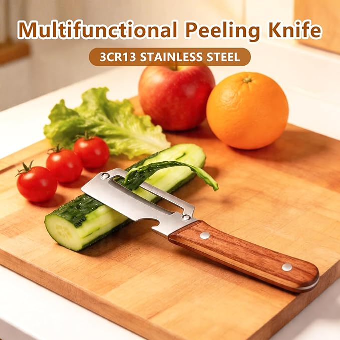 2026 New 2 Pack Multifunctional Vegetable Peeler, 2-in-1 Peelers For Kitchen with Bottle Opener, Sharp Stainless Steel Swivel Blade, Wooden Handle, For Vegetables or Fruits that Need to Be Peeled - Image 5