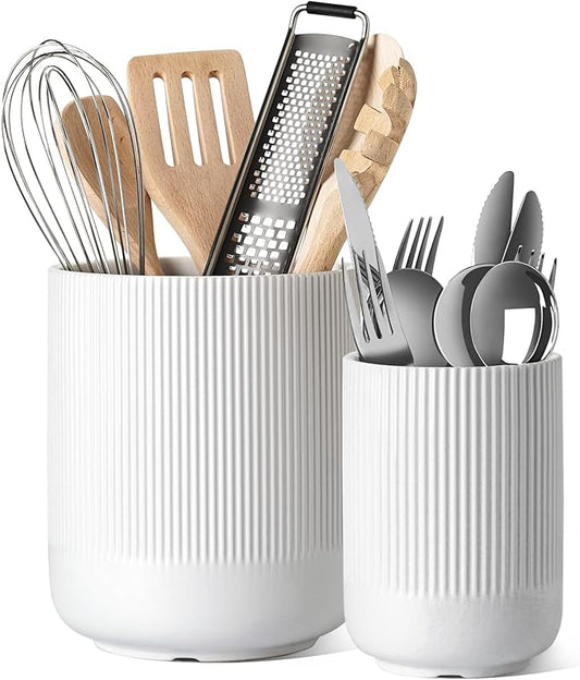 LE TAUCI Utensil Holder for Kitchen Counter, 7.3"+5.4" Fluted Ceramic Utensil Crock Organizer for Countertop, Heavy Large Holder for Spatulas, Spoons, Set of 2, White, Kitchen Counter Decor by LETAUCI