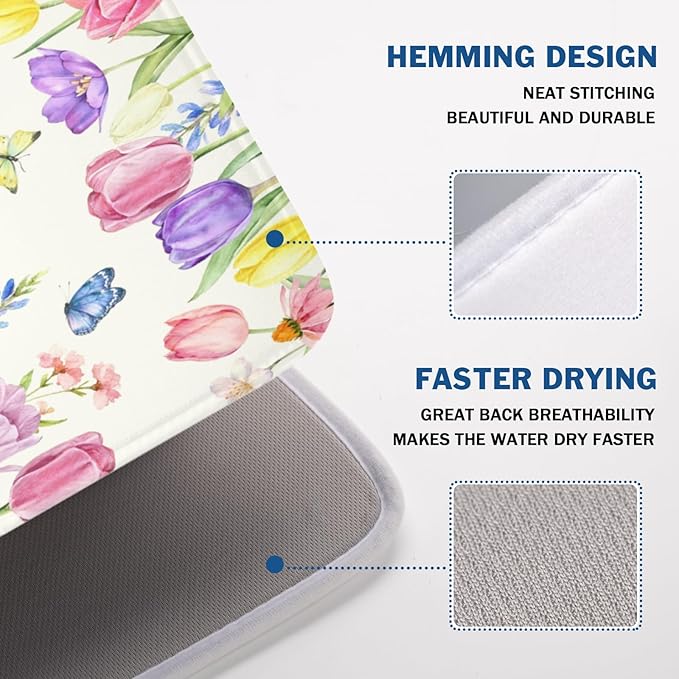 Spring Floral Dish Drying Mat for Kitchen Counter Easter Tulip Lavender Flower Microfiber Dish Drainer Mat Rustic Farmhouse Absorbent Washable Drying Pad Extra Large 18"x24"