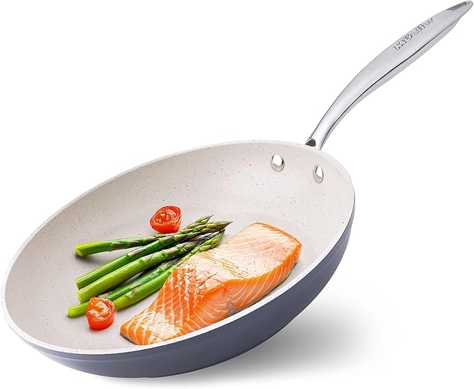 Mueller Frying Pan, Heavy Duty German Stone Coating Non Stick Frying Pans, No PFOA or APEO, Paella Pan, Dishwasher and Oven Safe, Even Heat Distribution, Cool Stainless Steel Handle, Light Grey by Mueller