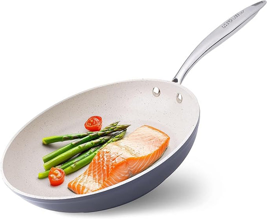 Mueller Frying Pan, Heavy Duty German Stone Coating Non Stick Frying Pans, No PFOA or APEO, Paella Pan, Dishwasher and Oven Safe, Even Heat Distribution, Cool Stainless Steel Handle, Light Grey by Mueller