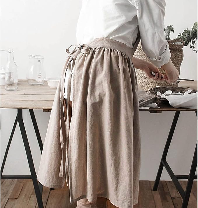 Cotton Linen Half Apron for Women Vintage Waist Apron Ruffle Plain Bright Color for Cooking Painting Artwork