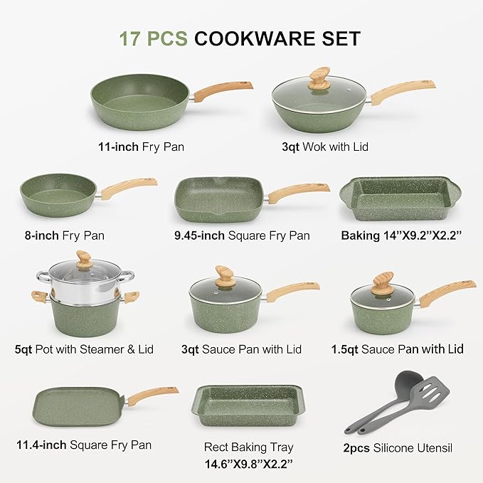 MAISON ARTS 17 Piece Pots and Pans Set Non Stick, Kitchen Cookware Sets with Nonstick Granite Stone Coating, Suitable for Induction Cooktops, Green - Image 6