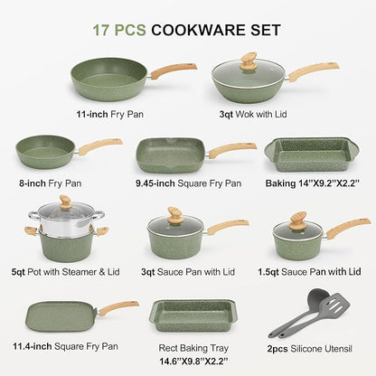 MAISON ARTS 17 Piece Pots and Pans Set Non Stick, Kitchen Cookware Sets with Nonstick Granite Stone Coating, Suitable for Induction Cooktops, Green - Image 6