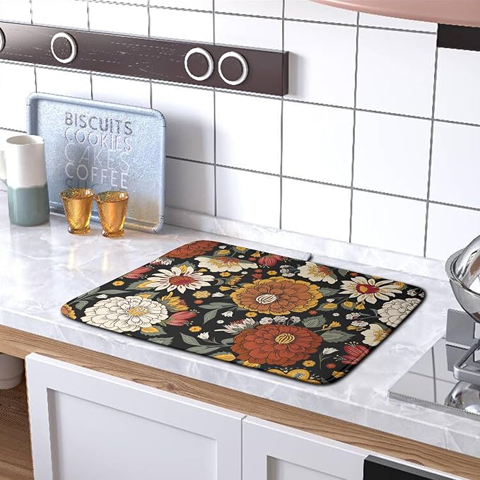 Vintage Floral Dish Drying Mat for Kitchen Counter Retro Sunflower Floral Absorbent Microfiber Dry Dish Mat Reversible Washable Dish Drainer Rack Mat Large 18x24 Inch - Image 5