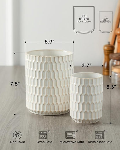 Utensil Holder, 7.5"+5.3" Ceramic Kitchen Utensil Holder for Countertop, Large Cooking Utensil Crock for Kitchen Counter, Set of 2, Beige - Image 2