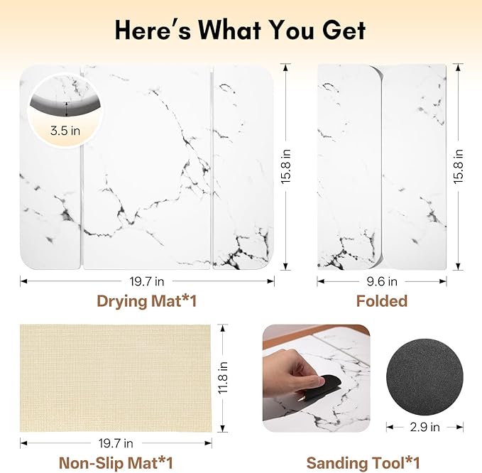 Stone Drying Mat for Kitchen Counter，Foldable Quick-Dry Dish Drying Mat，Water-Absorbent Marble Diatomaceous Earth Mats for Dishes, Cups & Bottles on Any Countertop(20"x16")