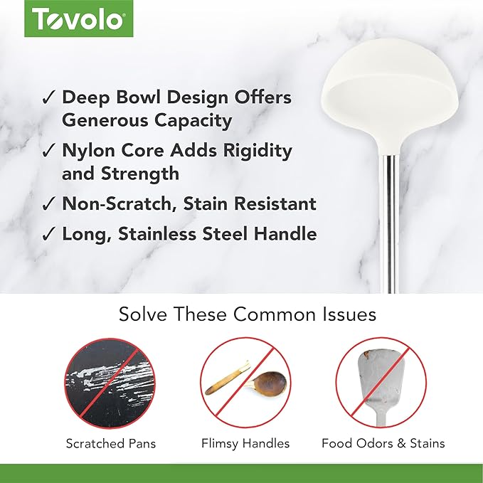 Tovolo Silicone Ladle With Stainless Steel Handle Deep Soup Ladle for Cooking Canning Serving Soup Punch Stew Sauce, Large Kitchen Utensil Spoon Dishwasher Safe BPA Free Silicone White - Image 3