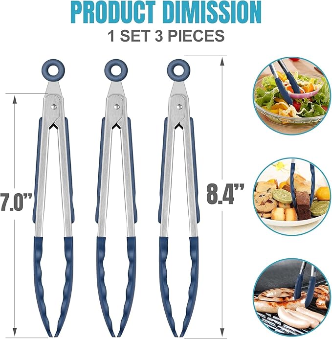 Hotec Mini Silicone Kitchen Tongs for Cooking - 7-Inch Small Serving Tongs with Silicone Tips, Set of 3 (Classic Blue) - Image 3