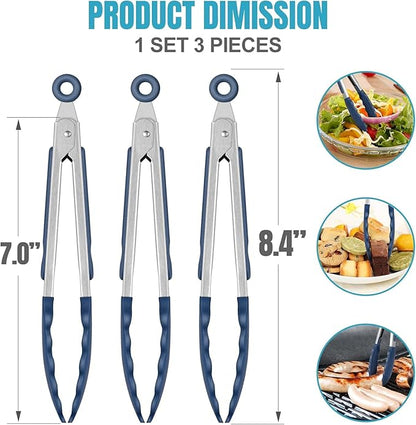 Hotec Mini Silicone Kitchen Tongs for Cooking - 7-Inch Small Serving Tongs with Silicone Tips, Set of 3 (Classic Blue) - Image 3