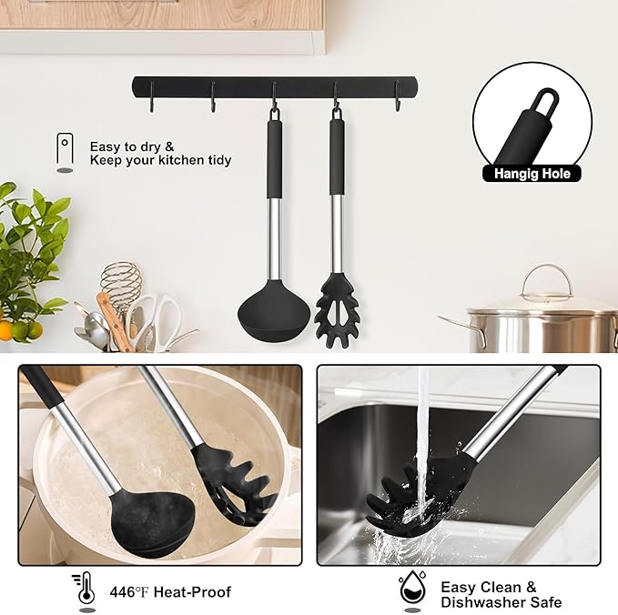 TeamFar Silicone Pasta Fork and Ladle Spoon Set, 2 Pcs Large Nonstick Kitchen Utensils with Stainless Steel Handle for Cooking, Draining, Serving Soup, Sauce, Spaghetti, Healthy & Heat-Proof, Black - Image 6