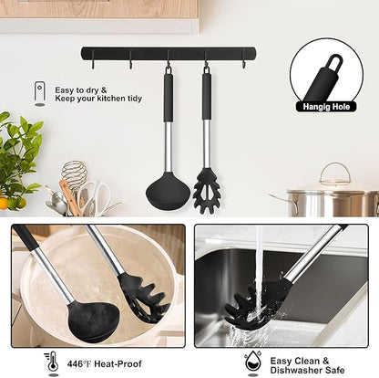 TeamFar Silicone Pasta Fork and Ladle Spoon Set, 2 Pcs Large Nonstick Kitchen Utensils with Stainless Steel Handle for Cooking, Draining, Serving Soup, Sauce, Spaghetti, Healthy & Heat-Proof, Black - Image 6