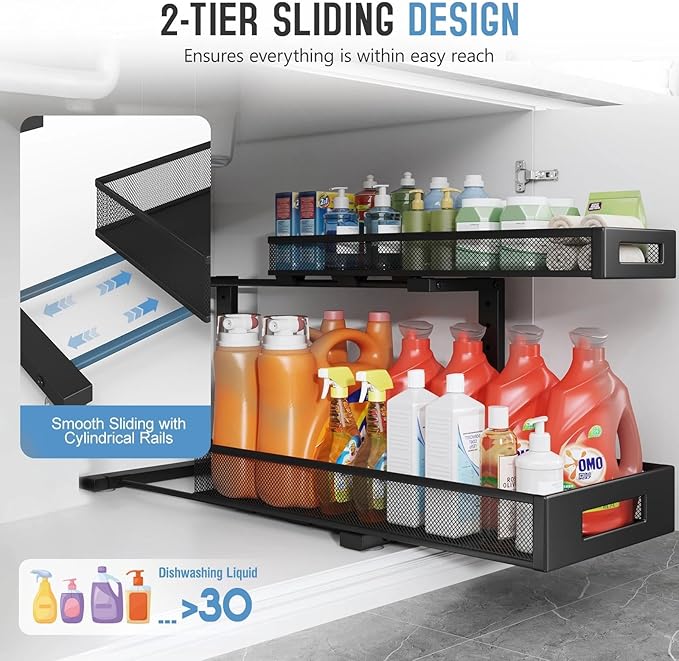 2 Pack 20.47IN Depth Under Sink Storage Organizer, Large 2-Tier Elegant Mesh Pull Out Shelf for Kitchen and Bathroom Cabinet Organization, L-Shaped and Adjustable Height Design-Black - Image 4