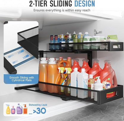2 Pack 20.47IN Depth Under Sink Storage Organizer, Large 2-Tier Elegant Mesh Pull Out Shelf for Kitchen and Bathroom Cabinet Organization, L-Shaped and Adjustable Height Design-Black - Image 4