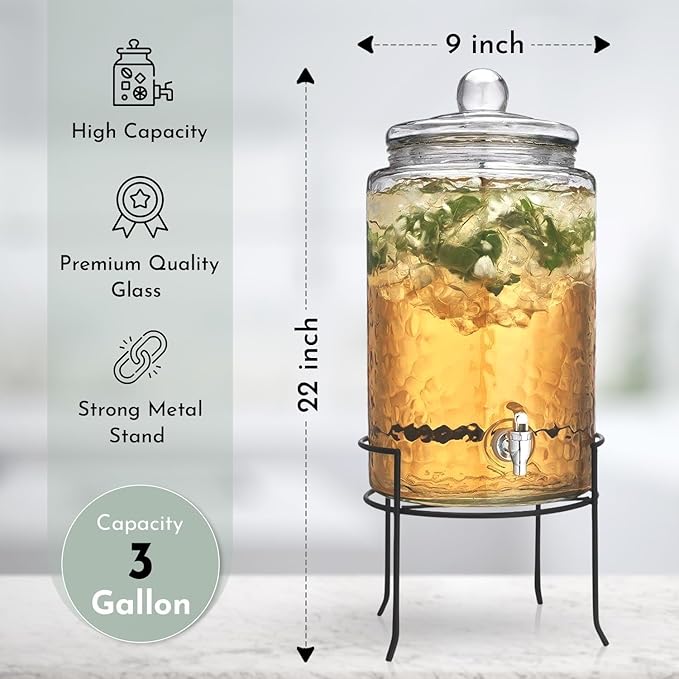 MosJos 3 Gallon Glass Drink Dispenser with Metal Stand & Lid – Hammered Beverage Dispenser with Leakproof Spigot, Wide Mouth for Easy Fill – Ideal for Parties, Lemonade, Iced Tea, Sangria & More - Image 4