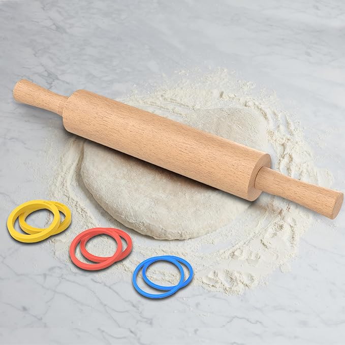 Classic Wooden Rolling Pin with Handle for Fondant, Pizza, Pies, Cookies, Pastries, Rolling Pin for Baking with 3 Multi-Color Thickness Rings, 17"x2.5" (Include handle) Beechwood Rolling Pin - Image 7