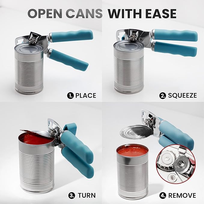 Zulay Kitchen Heavy Duty Stainless Steel Can Opener Manual with Bottle Opener - Rust Proof Manual Can Opener With Turn Knob & Comfy Soft Grip Handles - Dusty Blue - Image 6