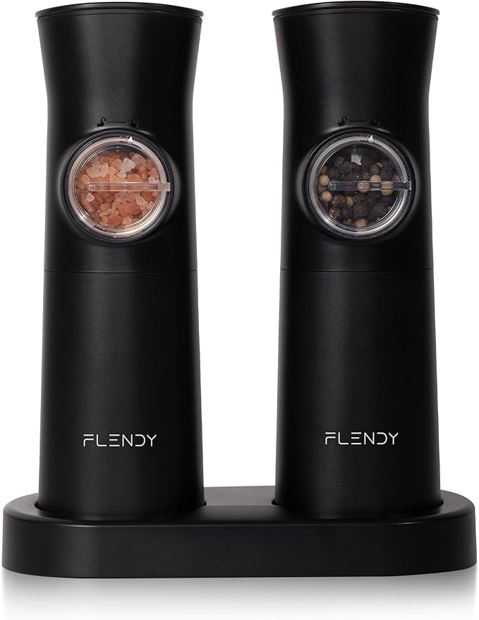Flendy Gravity Electric Salt and Pepper Grinder Set Rechargeable, Automatic Salt and Pepper Grinder Set with USB C Charging Base, Gravity Salt and Pepper Shakers Set Electric