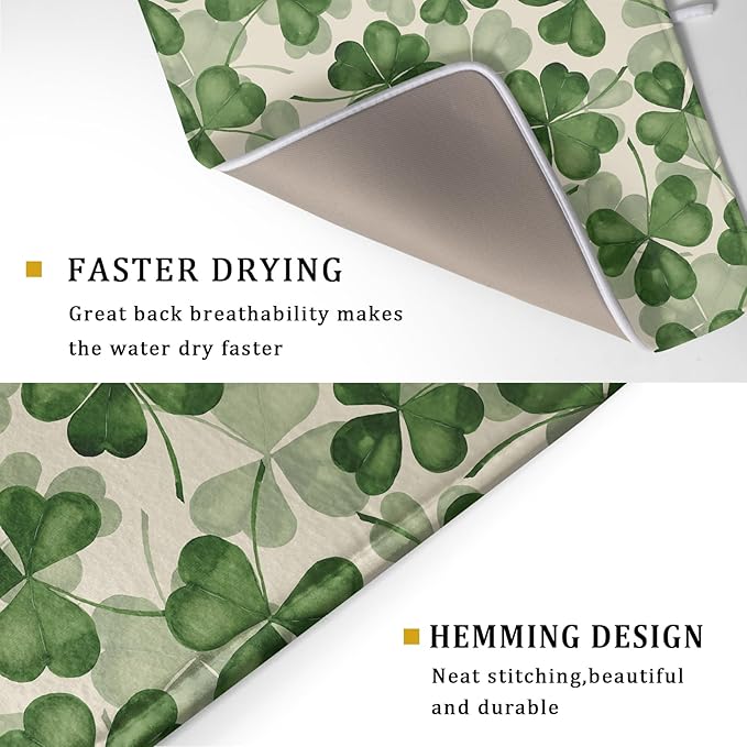 St Patrick's Day Dish Drying Mat for Kitchen Counter 18x24 Saint Patricks Clover Shamrock Green Print Absorbent Reversible Microfiber Drying Mats Kitchen Countertop Protector Dishes Drainer Rack Pad - Image 3