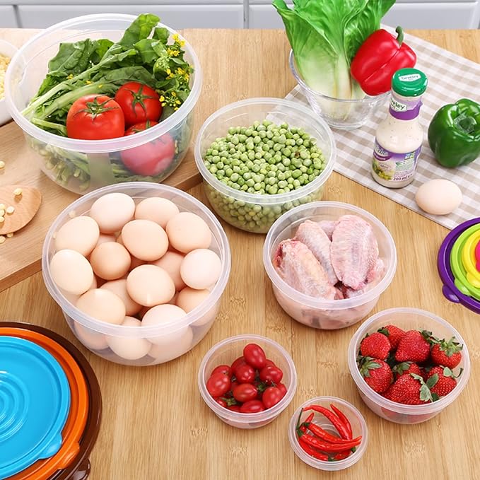 7Pcs Round Mixing Bowl Set Salad Bowl with Airtight Lids Plastic Nesting Mixing Bowl Set for Packing and Serving Christmas Salads Candies Cookies, Microwave Safe - Image 5