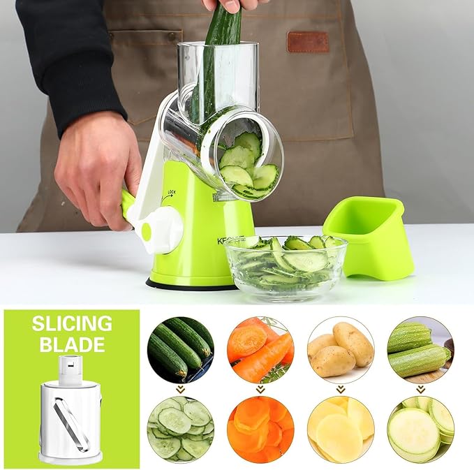 Cambom Rotary Cheese Grater Hand Crank Cheese Shredder for Fresh Cheese, Vegetable, Nuts,Non-slip Suction Base, Free Cleaning Brush Three Blades, Green - Image 4