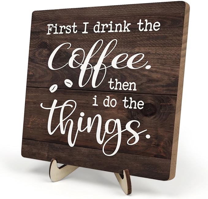 Vintage Coffee Bar Sign Plaque,Rustic Wooden Tabletop Plaque with Stand, Minimalist Farmhouse Kitchen Counter Sign for Coffee Station, Cute Mini Café Bar Decor Gift 5.9x5.9Inch by DMADNF