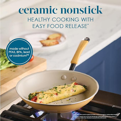 Rachael Ray Cucina Ceramic Cookware Set - 13 Pieces - Ceramic Pots and Pans Set w/Nonstick Frying Pans, Saute Pan, Saucepans, Stockpot, Lids, Pan Protectors & Cooking Utensils - Turmeric - Image 3