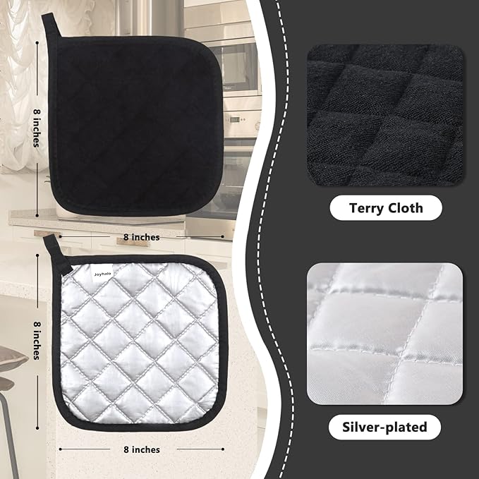Joyhalo 4 Pack Pot Holders - Heat Resistant Oven Hot Pads, Terry Cloth, Black - Image 2