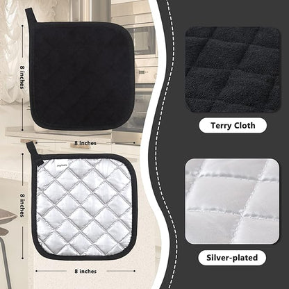 Joyhalo 4 Pack Pot Holders - Heat Resistant Oven Hot Pads, Terry Cloth, Black - Image 2