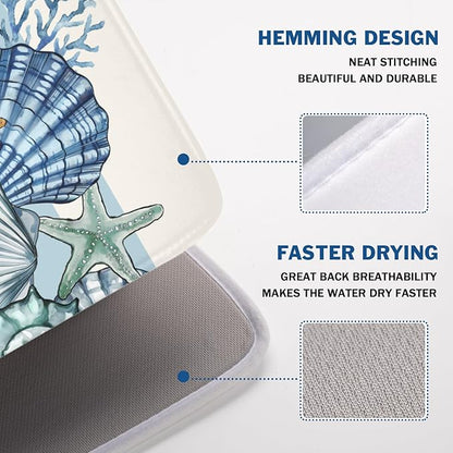 Summer Sea Shell Drying Mat 24x18 Inch, Starfish Drying Mat with Absorbent Reversible Microfiber, Coastal Dish Drainer Mats Holiday Ocean Rack Pad for Coffee Countertop Kitchen Protector