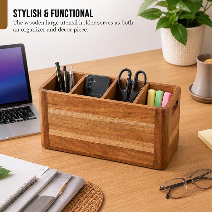 Wooden Caddy Utensil Holder - Premium Acacia Wood Utensil Caddy with Sturdy Design for Easy Organization - Perfect Kitchen Utensil Organizer for Counters, Dining Tables, and Everyday Use