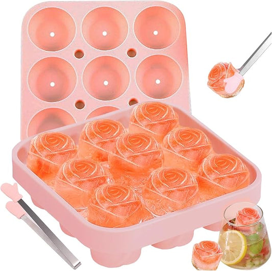 Ice Cube Mold with Lid, Silicone Rose Ice Cube Tray with Mini Tongs, Rose Ice Cube Trays for Freezer, Easy Release Ice Trays Maker, Make 9 Ice Ball Maker Mold Flower Ice Tray Mold for Cocktail