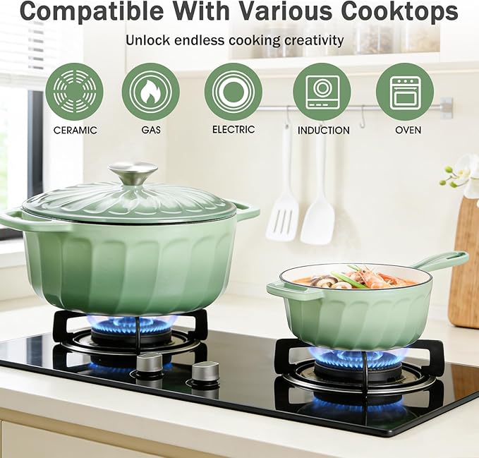Enameled Cast Iron Sauce Pan With Lid, 1 Quart Cast Iron Saucepan with Lid, Heavy Duty Small Dutch Oven Pot for Cooking Pasta Sauce, Soup, Milk, Oven Safe up to 500°F (Fig Green)