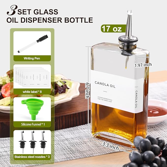 Olive Oil Dispenser Bottle for Kitchen, 3 Pack Glass Oil and Vinegar Dispenser Set, Elegant Book Design, Durable, Leak-Proof, Easy-Pour Spouts, Perfect for Kitchen, Dining Table (17oz) - Image 2