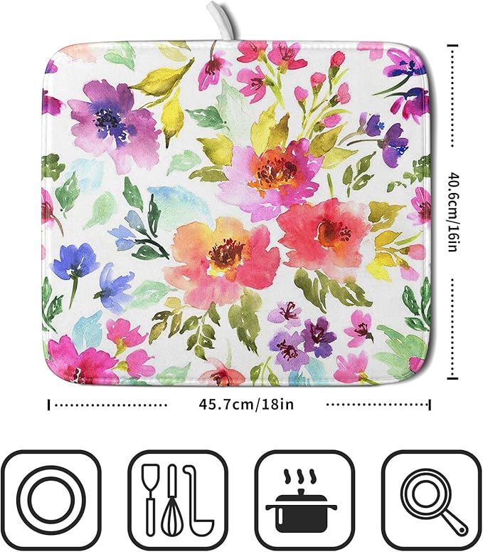 Spring Floral Dish Drying Mat for Kitchen Counter Flower Microfiber Absorbent Dish Draining Reusable Washable Foldable 16"x18" - Image 2