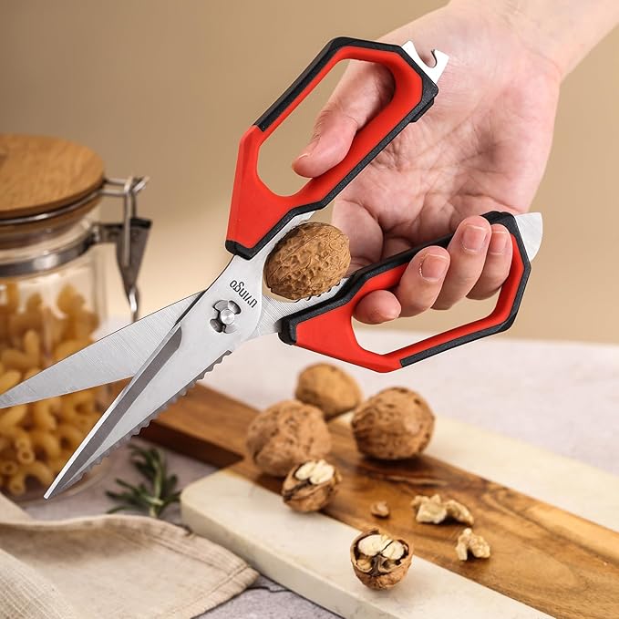 LIVINGO Kitchen Scissors Set All Purpose - Heavy Duty Stainless Steel Come Apart Food Shears for Cutting Meat, Vegetables, Dishwasher safe, 2 Pack, Red Black Multi-Function Handles - Image 5