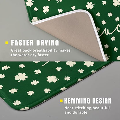 Giwawa St Patricks Day Dish Drying Mat Green Lucky Clovers Dish Drainer Mats 16"x18" Shamrock Holiday Microfiber Reversible Dish Drying Rack Pad Protector for Kitchen Countertop Small Decor