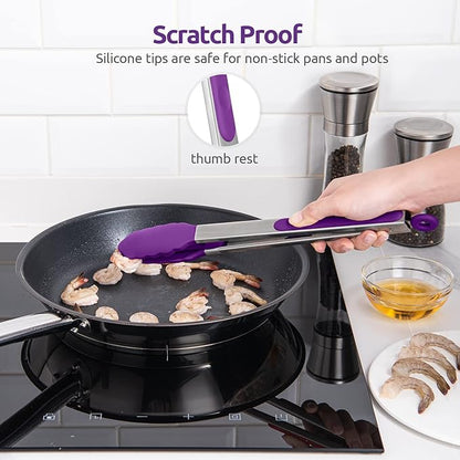 600ºF Heat Resistant Kitchen Tongs: U-Taste 12 inch Large Silicone Cooking Tong with Sturdy Non Stick Rubber Tips & Silicon Coated 18/8 Stainless Steel Handle & Smooth Locking for Serving Grill-Purple - Image 9