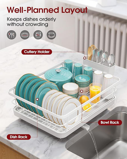 Sakugi Stainless Steel Dish Drying Rack for Kitchen Counter, Sink Organization and Storage Essentials with Silverware & Utensil Holder, Home and Apartment Decor, 12''W x 15.5''L, White - Image 2