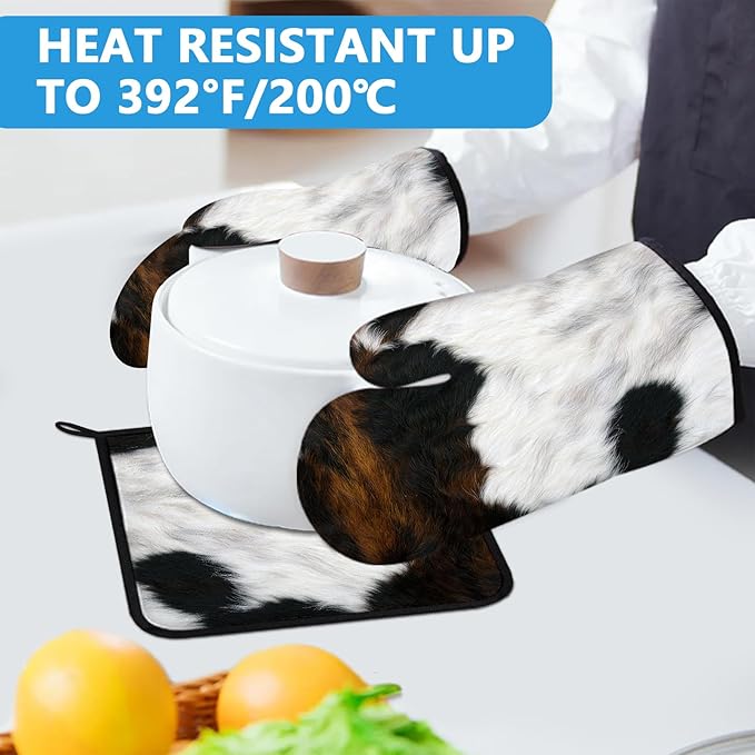 Brown Cowhide Oven Mitts and Pot Holders Sets Heat Resistant 4Pcs Potholders Oven Gloves Hot Pads for Kitchen Baking Cooking Grilling BBQ
