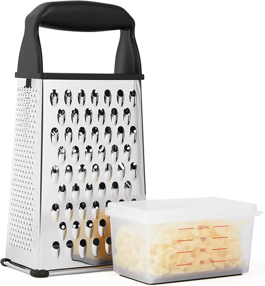 Professional Box Cheese Grater with Container & Handle – Durable Stainless Steel Cheese Shredder for Kitchen, Multi-Sided Food Chopper for Kitchen Use – Black by Reecaz