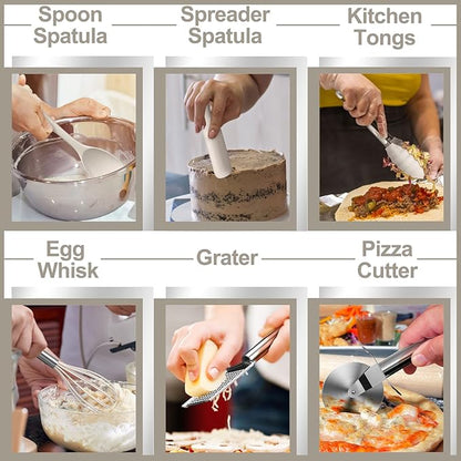 Silicone Kitchen cooking Utensils Set, AIKKIL 43 Pcs Heat Resistant Khaki Cooking Utensils Set, Turner, Tongs, Spoon, Spatula, Kitchen Gadgets Tools Set For Nonstick Cookware(Dishwasher, BPA Free) - Image 5
