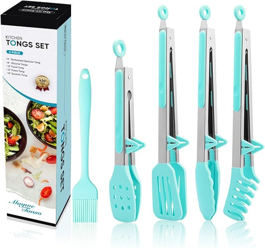 5-Pack Silicone Tongs for Cooking,Maywe Tanso 4PCS 13-Inch Kitchen Tongs with Silicone Tips,Nonstick Stainless Steel Tong for Steak Pie Pizza Pasta Spaghetti Salad BBQ Buffet,Plus Brush by MayweTanso