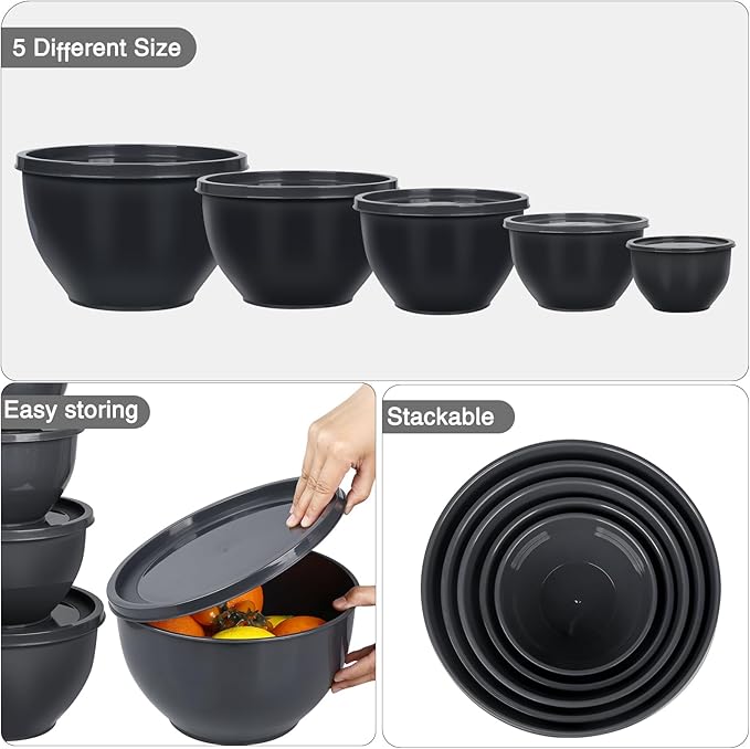 Greentainer Plastic Mixing Bowls with Lids Set for Kitchen, 5 Set Nesting Bowls for Mixing, Baking, Prepping, Cooking and Serving Food, Mixing Bowls Dishwasher, Microwave Safe - Image 5